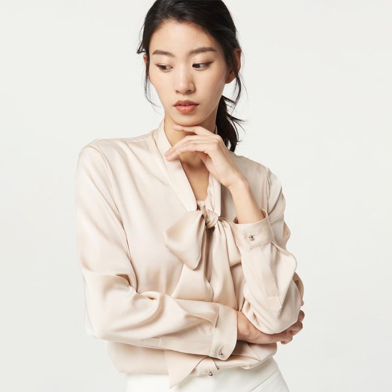 

Женская блузка из шелка с длинным рукавом: Свободный крой, галстук-бабочка, повседневный кардиган-топ XL абрикосовый