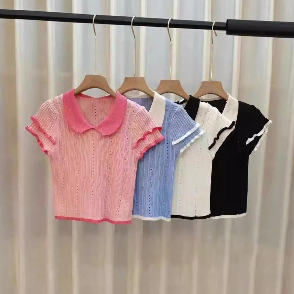 Hollow Knitted Slim Crop Tops Patchwork Short Sleeve T-shirt Doll Collar Knitted Vest Ladies Girls