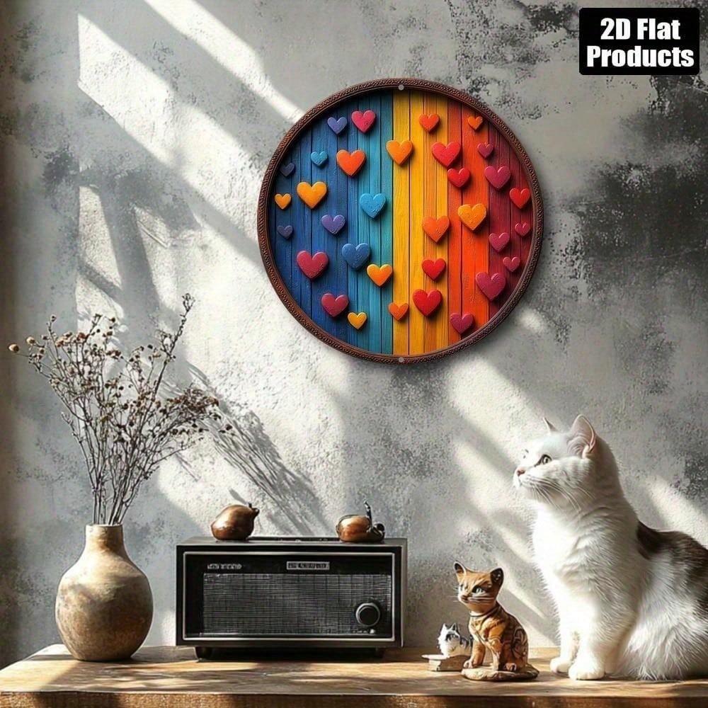 Vintage Heart Metal Wall Art, 8x8 Inches Round Aluminum Plaque for Home Bar Kitchen Decor