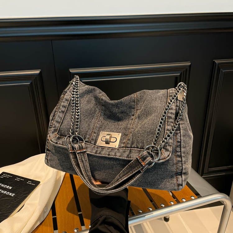 Vintage Washed Denim Chain Underarm Bag Tote Bag