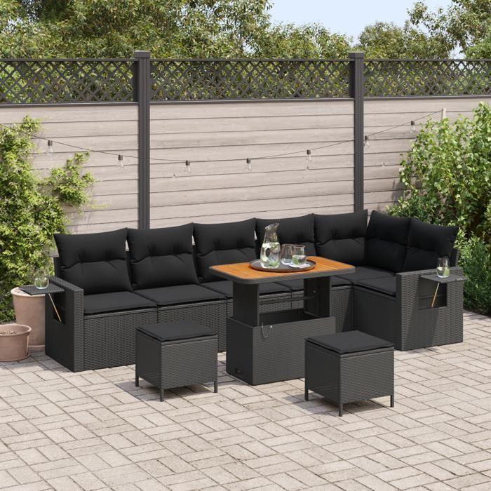 VidaXL Ensemble de Canapé de Jardin 9 Pièces avec Coussins en Poly Rattan Noir Acacia 3361764