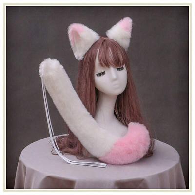 Masque Party Plush Cat Ear and Tail Set Cute Anime Sweet Lolita Fluffy Fox Tail Ears Hairbands Cosplay Accessories Furry Prop