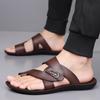 Men Black Leather Slippers Simple Flats Summer White Outdoor Brown Open Toe Wide Head Beach Shoes Plus Size