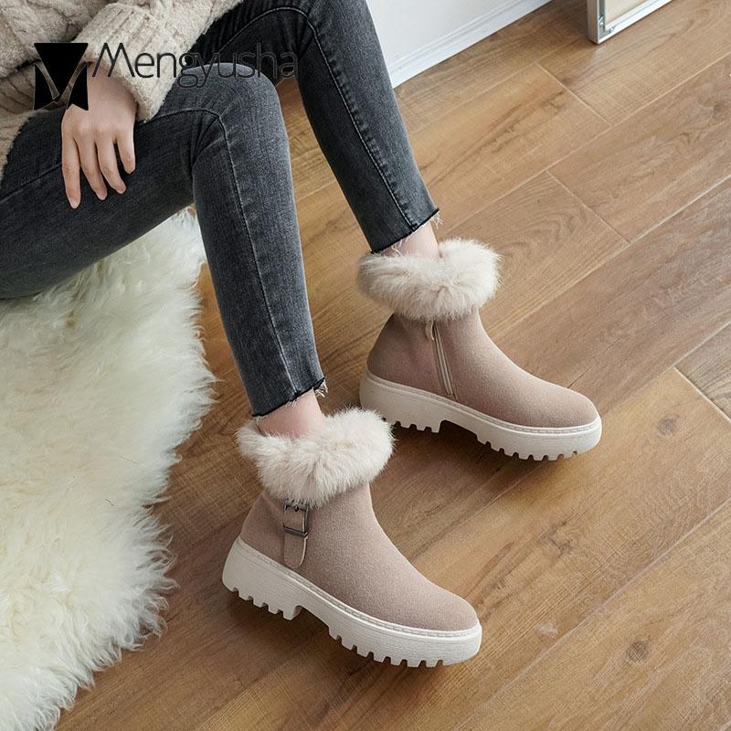 Fashion Winter Snow boots women luxury rabbit fur short botas nubuck flock ins cotton shoes plush furry botte femme 40-43 plus size