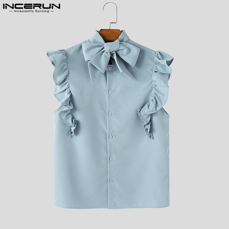 

INCERUN Summer Men Ruffled Sleeveless Bow Tie Buttons Shirts Tank Tops S чёрный