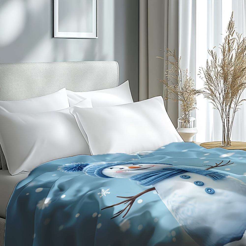 1pc Plush Flannel Throw Blanket - Retro Christmas Snowman Print with Blue Hat & Scarf, Soft All-Season Cozy Blanket for Sofa