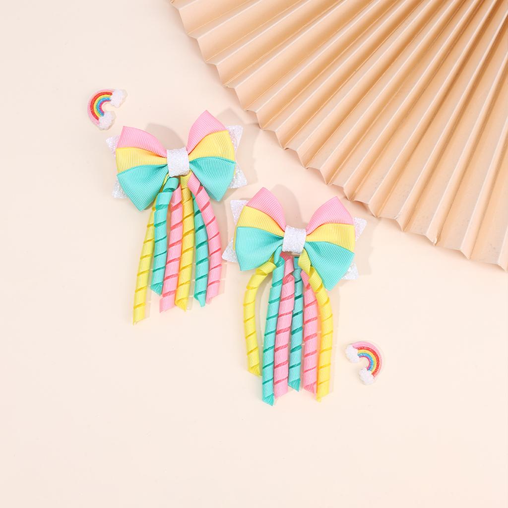 2Pcs Ribbon-Tassel Hair Clips Popular Sweet Rainbow Curly Ribbon Double Ponytail Hairpin Baby Girl Hair Accessories For Children