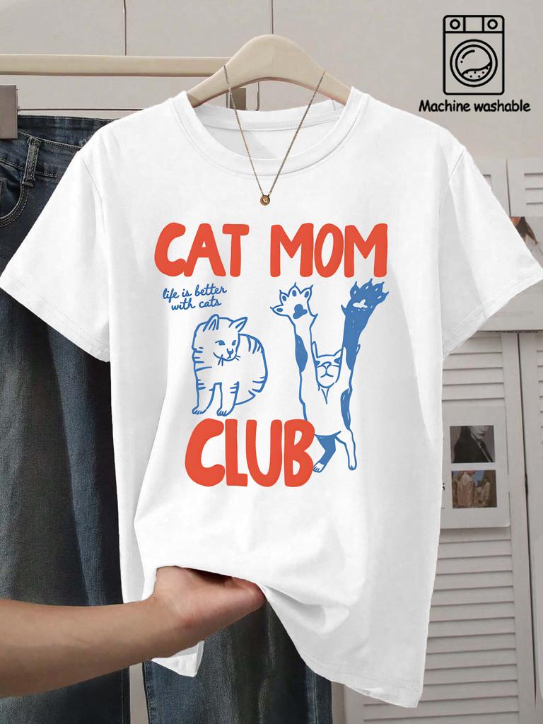 Women's Round Neck CAT MOM Cat Text Printed Short Sleeved T-shirt Soft Women's Clothing American Fun Cute Pet Design