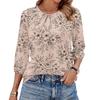 Women's Floral Print 3/4 Sleeve Round Neck Pleated T-Shirt Top Casual Lightweight Blouse with Elastic Cuffs and Relaxed Fit for Everyday Wear