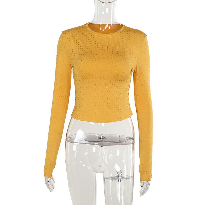 Женская однотонная блестящая рубашка с круглым вырезом и открытым пупком, украшенная стразами, с длинными рукавами S жёлтый