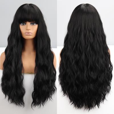 Parrucca nera ondulata lunga moda donna con frangia Parrucca ondulata naturale in fibra sintetica naturale Indossare quotidianamente Parrucca ondulata nera Cosplay