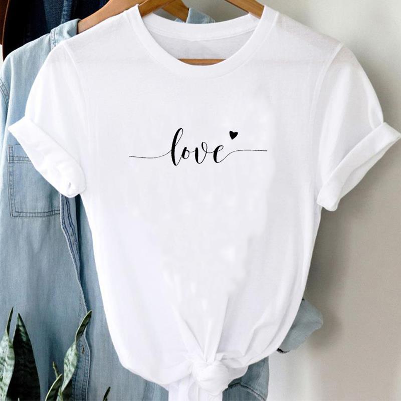 (European Size) 90s Top T Shirt Watercolor Love Heart Trend Cute Fashion Casual Clothing T-Shirt Sleeve Women Print Lady Female O-neck Graphic T-shirt