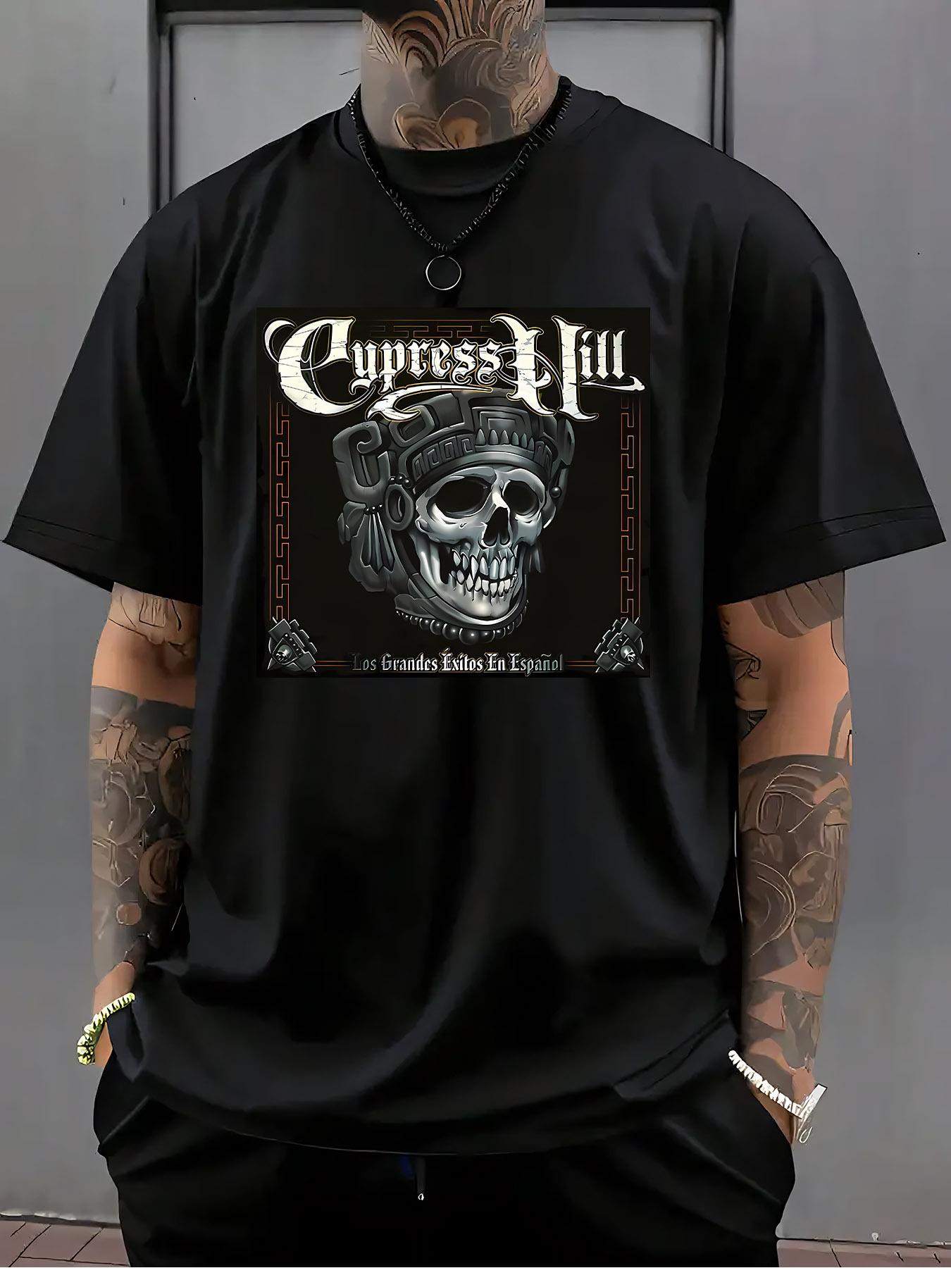 Black Cypress Hill Graphic T-shirt - Casual Summer Cotton Tee with Skull & Leaf Design XL
