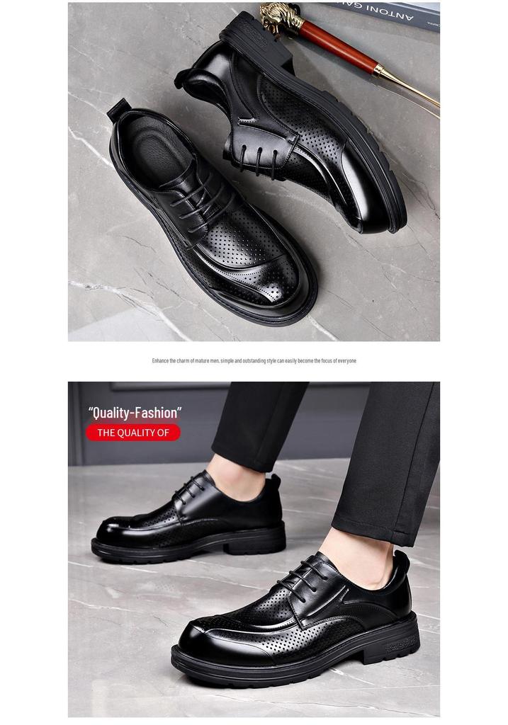 Men's Summer Breathable Lace-Up Leather Shoes - Versatile, Comfortable, Trendy, Perforated, Thick Sole Casual Footwear.