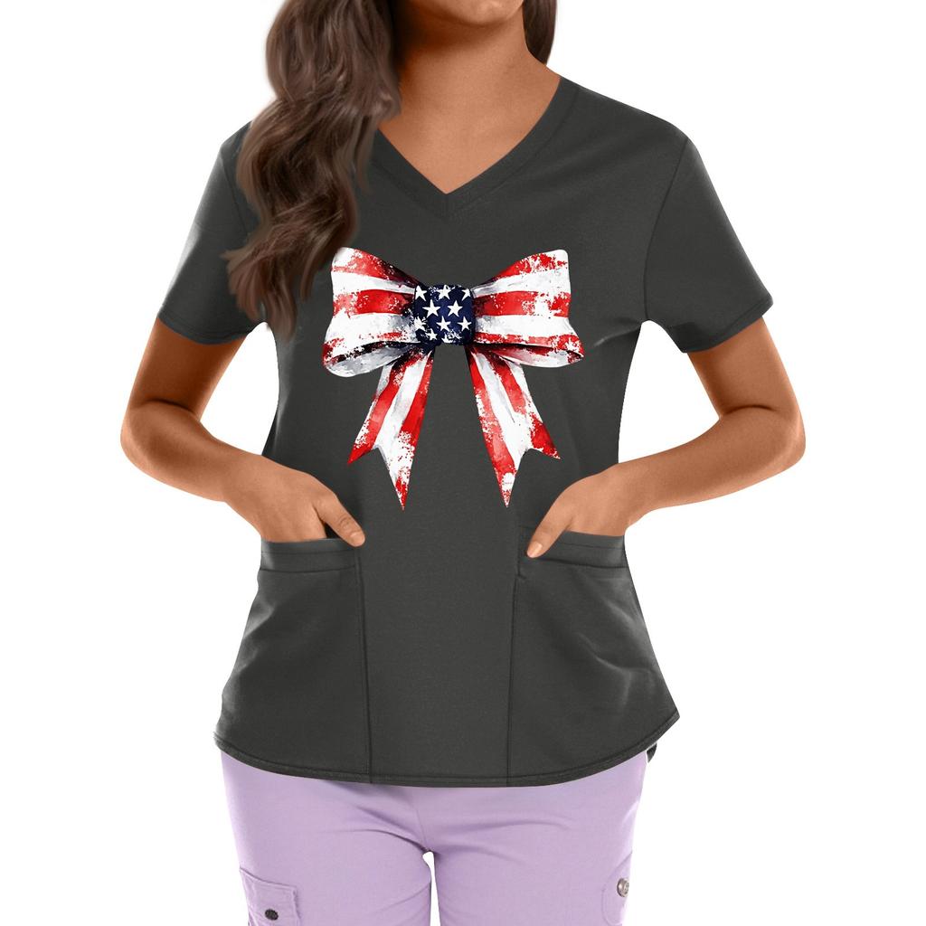 Plus Size Printed Scrub Working Uniform Tops For Women's Cross V Neck Independence Day Print Short Sleeve Fun T-Shirts Workwear Tee With Pockets