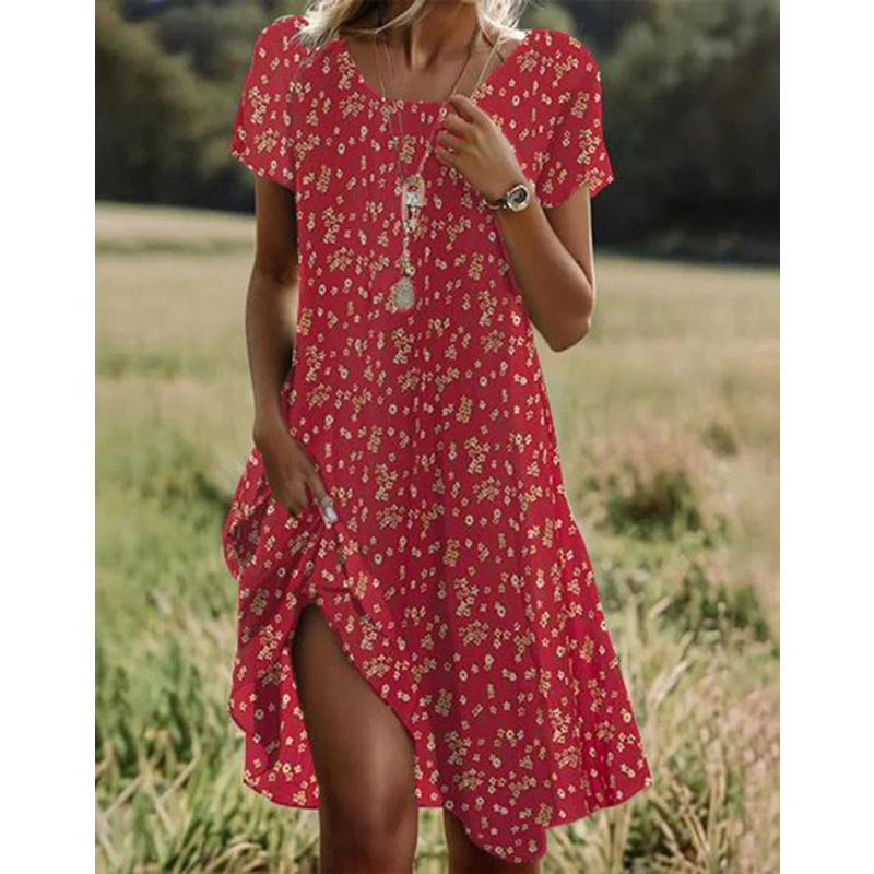Letnia Sukienka Damska w Stylu Vintage, Boho, Etnicznym - Oversize z Okrągłym Dekoltem, Długość Midi, Oddychająca, Luźna Sukienka
