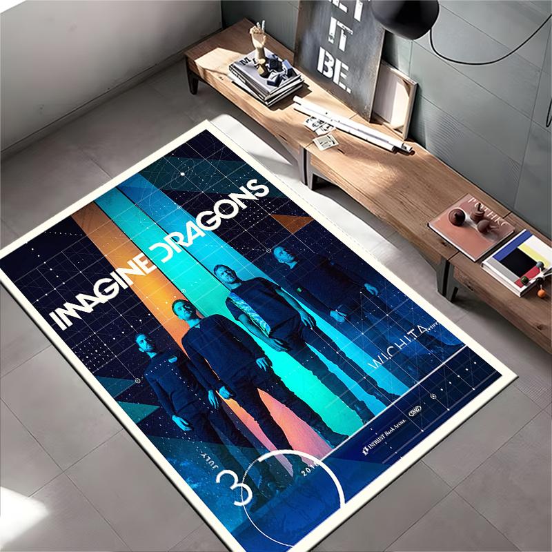 Rock Band Area Rug, Imagine Dragons Wichita Concert Poster Band Neon Blue Orange Geometric Print, Rock Decor, Non-Slip Mat