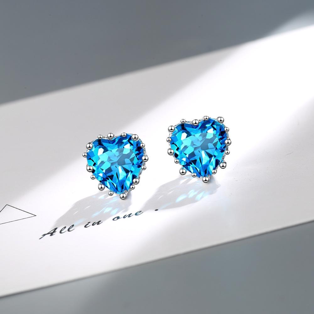 925 Silver Heart Blue Zircon Engagement Stud Earrings For Women Luxury Jewelry Elegant Accessories Jewellery