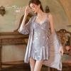 Women's French Velvet Lace Butterfly Print Push Up Removable Pads Sheer Backless Sleep Dress with Robe