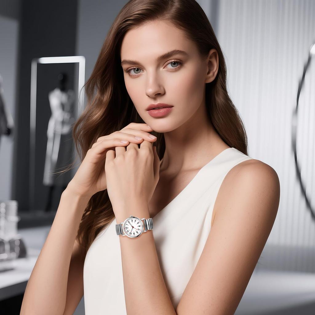 Elastic Strap Quartz Watch with Stainless Steel Analog Arabic Large One Size Fits Casual Perfect for or Any Women's Watch, 24-Hour Waterproof