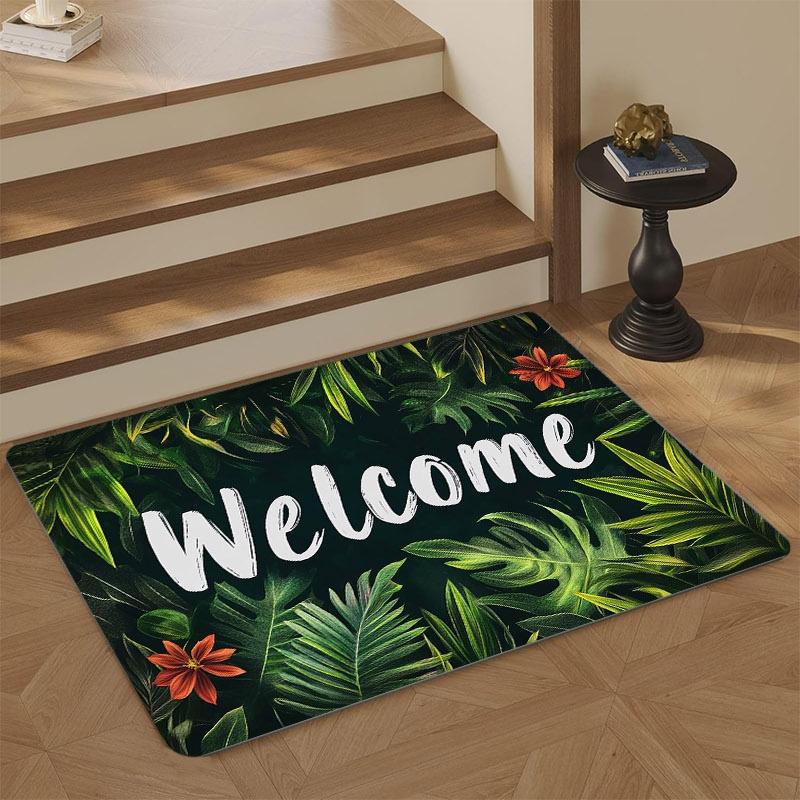 1pc Doormat with Vibrant Green Leaves and Orange Flowers - Machine Washable, Polyester Fabric, Suitable for Bedroom, Living Ro