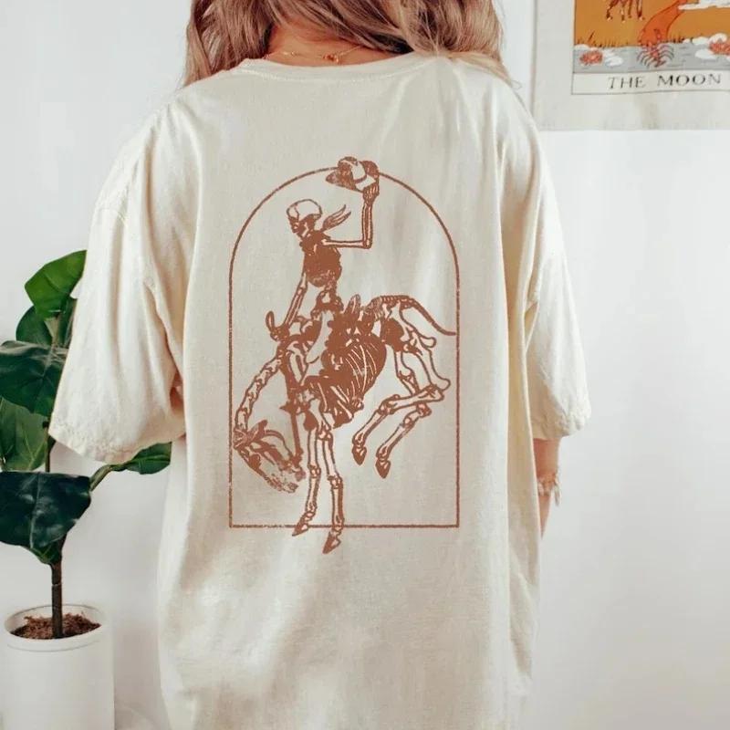 Western Cowboy T Shirt Skeleton Riding Horse Shirt Rodeo Graphic Tee Vintage Retro Cowgirl Skeleton Riding Horse Unisex Clothing