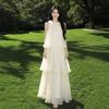 French Holiday Style Neck Off-the-shoulder Dress Women's Summer New Loose and Thin Cake Medium and Long Skirt