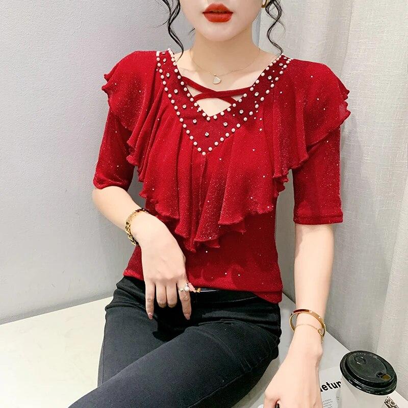 

Новая летняя хлопковая футболка в европейском стиле, шикарные сексуальные футболки с v-образным вырезом и блестящими бусинами, женские топы с короткими рукавами и оборками XL красный