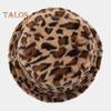 Women Winter Hat Flat Dome Leopard Print Basin Hat Thickened Warm Plush Bucket Hat Warm Knit Outdoor Hat