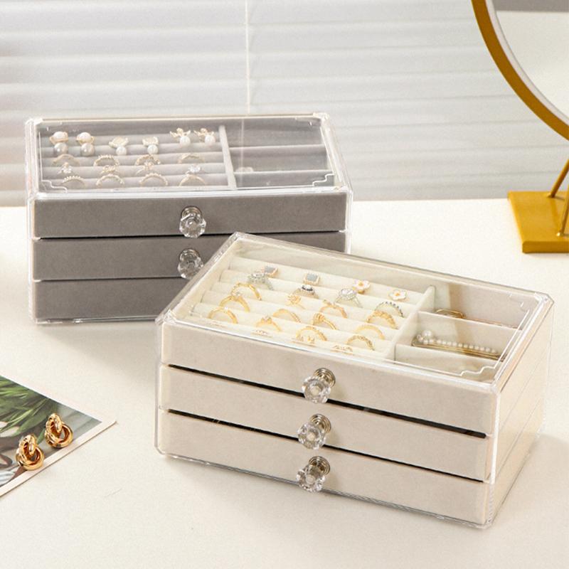 קופסת תכשיטים שקופה, מארז תצוגה 3 שכבות, עגילי שרשרת טבעת, קופסאות ארגון מפלסטיק, מגש תכשיטים מקטיפה, מתנות