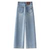 Women's Light Blue Retro Straight-Leg Jeans: 2024 Plus Velvet Thickened Wide-Leg Pants for Autumn/Winter.
