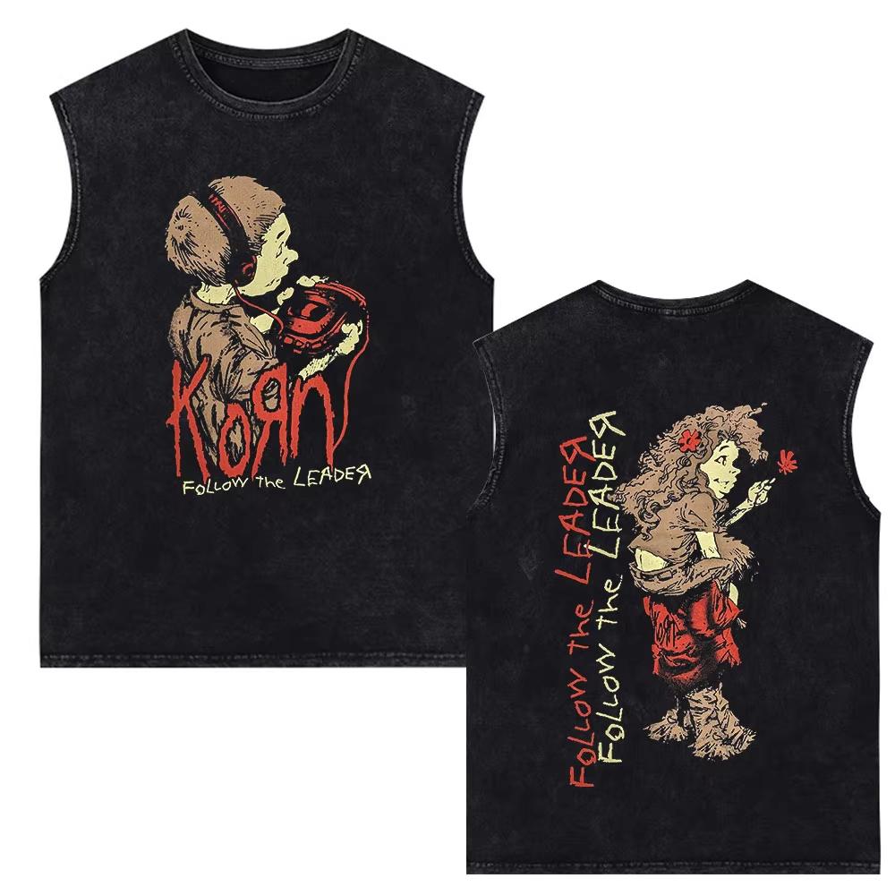 Korn Rock Band Vintage Washed Tank Tops Men's Fashion Metal Gothic Sleeveless Vest Cotton Oversized T-shirts Gym Clothing
