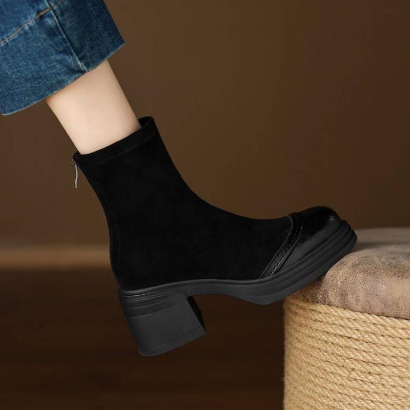 New Women's Elastic Suede Medium Boots Solid Color Thick-soled Large-size Women's Boots Rear Zipper Round Head Autumn and Winter Martin Boots