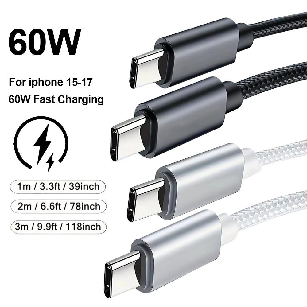 Nylon Braided 60W Type C Wire For iphone 15 16 17 pro max 1m 2m 3m USB C  To Type C Fast Charge Cable for Samsung Xiaomi Huawei