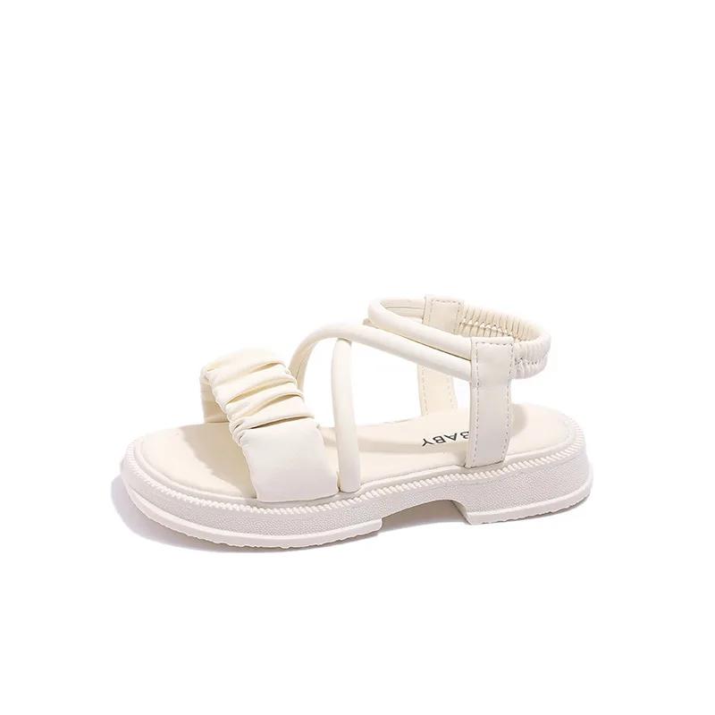 2024 Nya Mångsidiga Flickors Sandaler Enfärgade Andningsbara Öppen Tå Koreansk Mode Barn Casual Skor Plisserade Enkla Barnskor