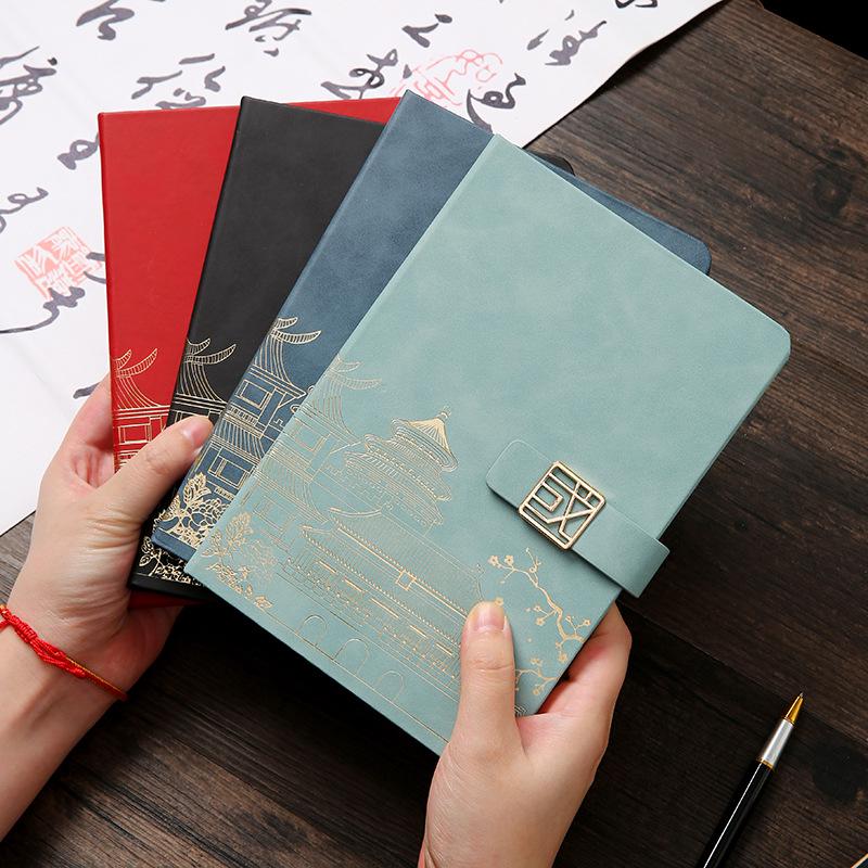 A5 Chinese Palace Museum Soft Leather Diary with Gold Stamping - Creative High-Value Buckle Pocket Notebook
