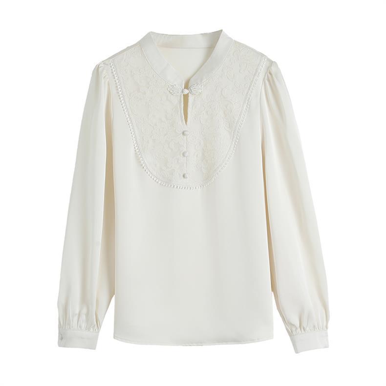Elegant 2025 Spring Chiffon Blouse with Traditional Chinese Frog Button and Heavy Embroidery for Women