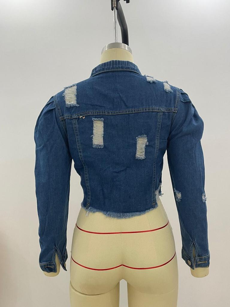 Damen Puffärmel Rissige Jeansjacke