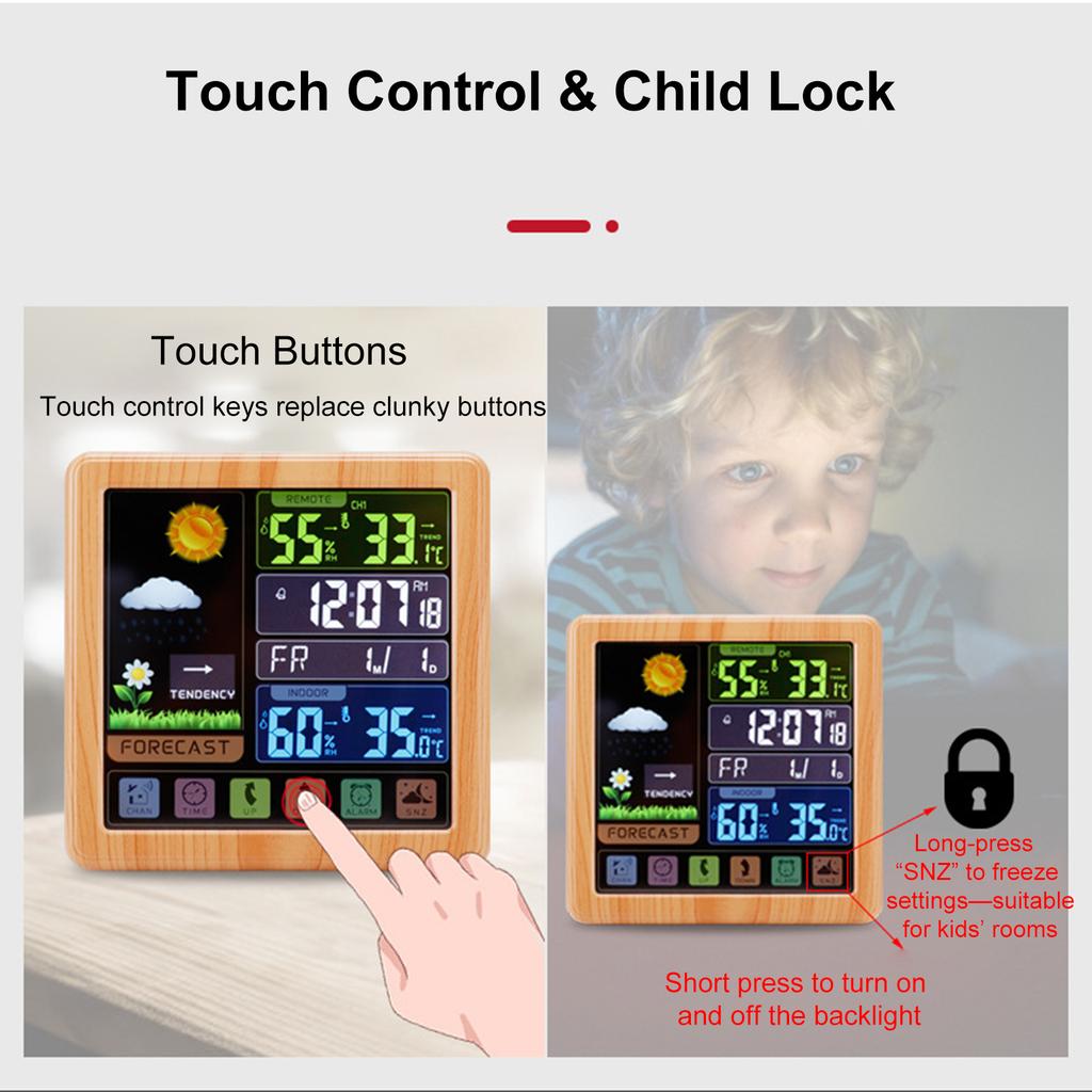 Cordless Weather Station Color Touchscreen Weather Clock Thermometer Hygrometer with Remote Sensor Temperature Humidity Meter