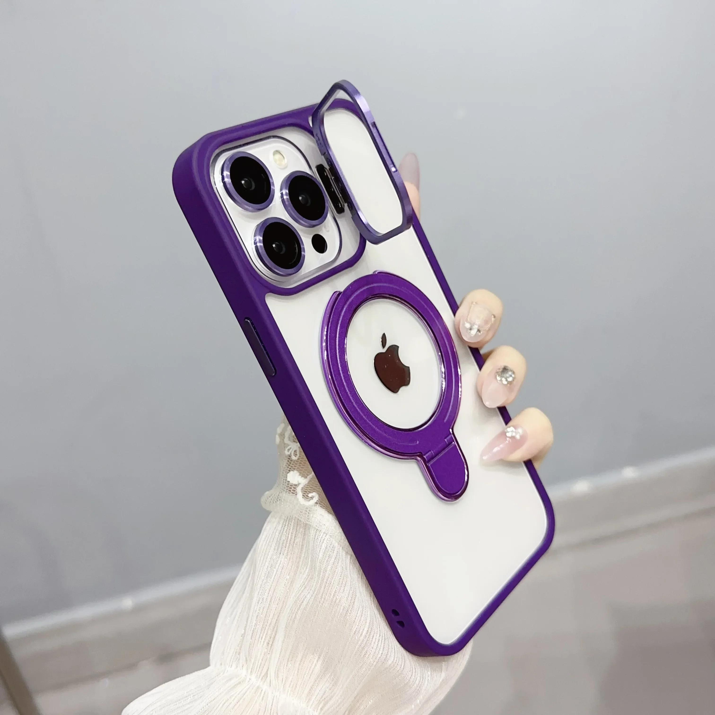 

Double Bracket Magnetic Wireless Charging for iPhone16 14 13 12 11 Pro Max Plus Phone Case Protective Cover with Ring Kickstand iPhone 14 Pro Max фиолетовый