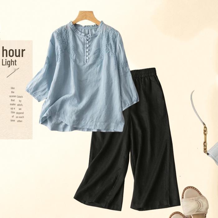 Southeast Asia Retro Embroidered Cotton-Linen Two-Piece Set: Seven-Sleeve Shirt & Wide-Leg Pants