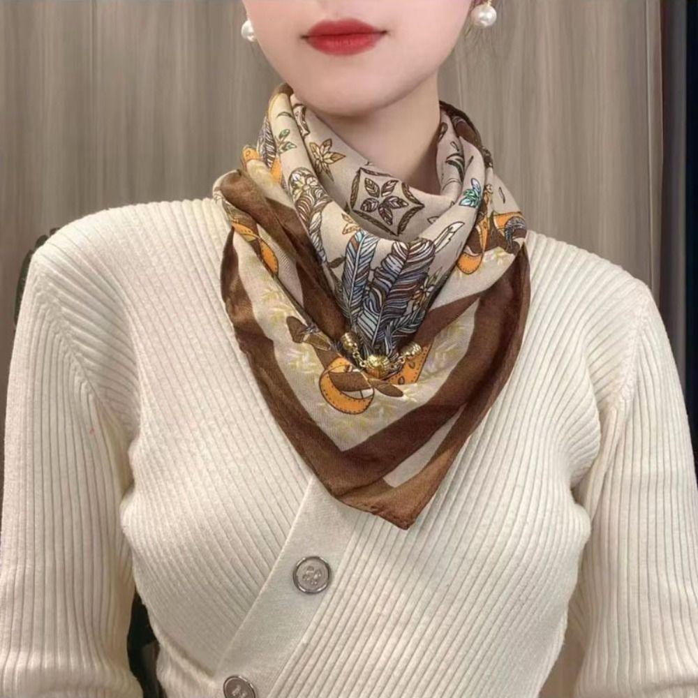 Soft Winter Silk Scarf Warm Small Square Scarf Fashion Magnetic Buckle Scarf  Women