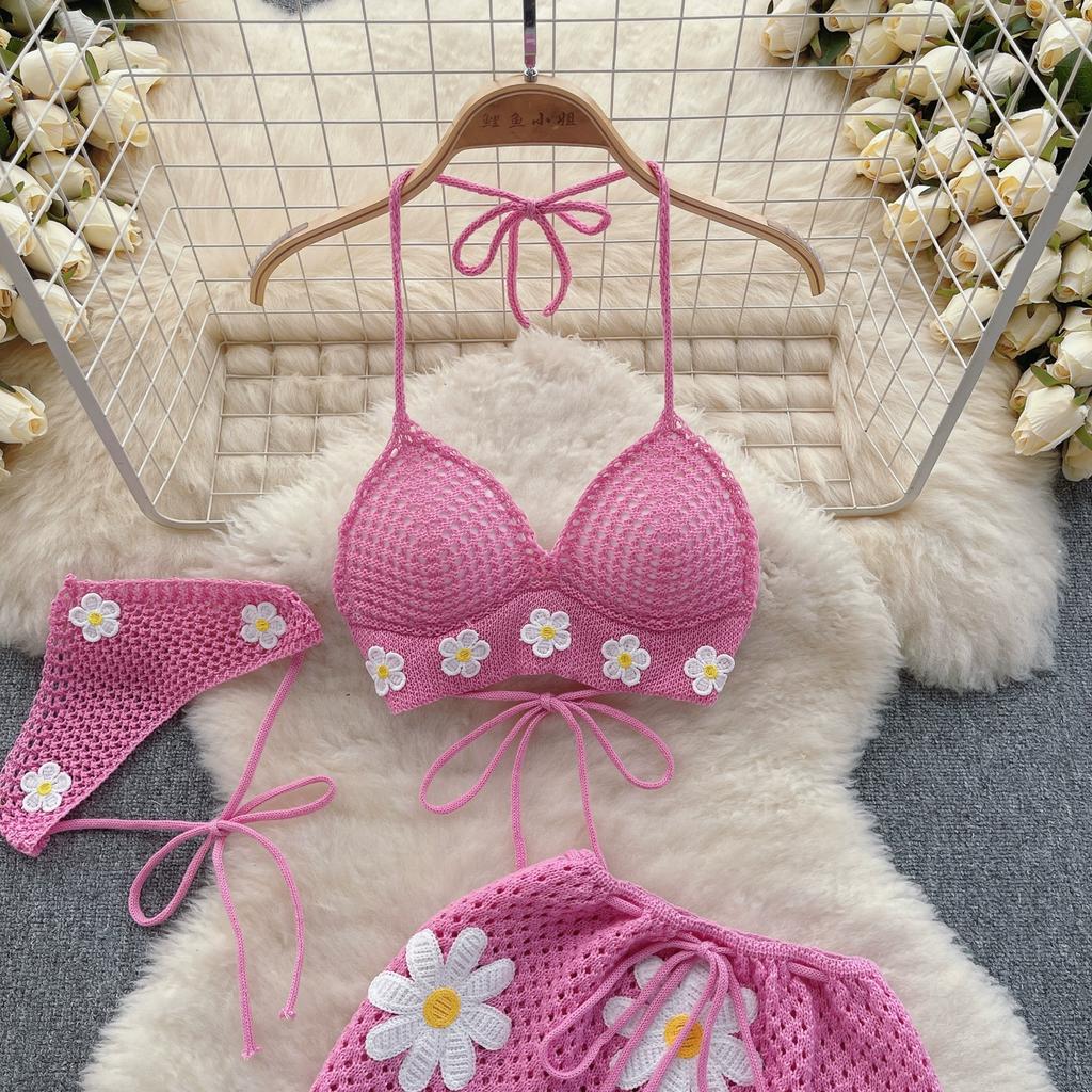 Korean Hollow Out Knitted Suits Women Halter Lace Up Bow Backless Tank Top Drawstring Split Mini Skirt Summer Fashion Sweet Two Pieces Sets