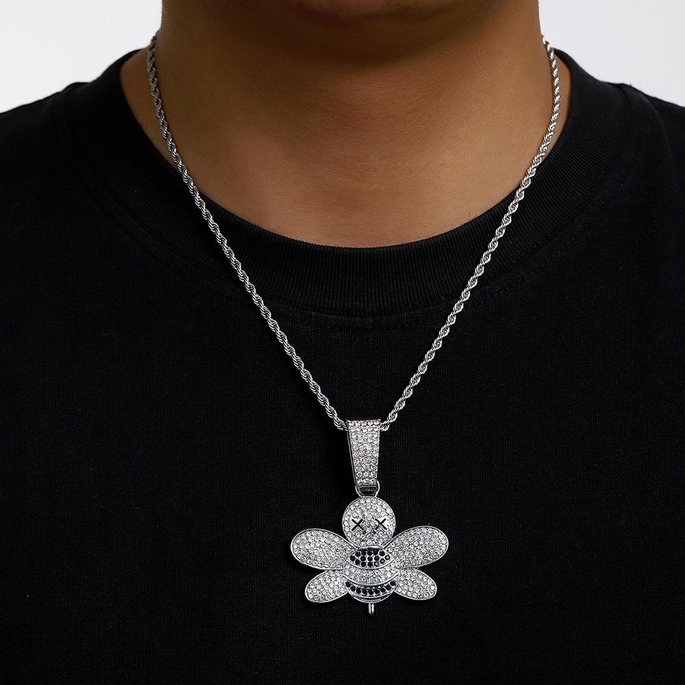 New Popular Hip-hop Full Diamond Little Bee Alloy Pendant, Hip-hop Cuban Chain Necklace, Fashionable Men's Necklace