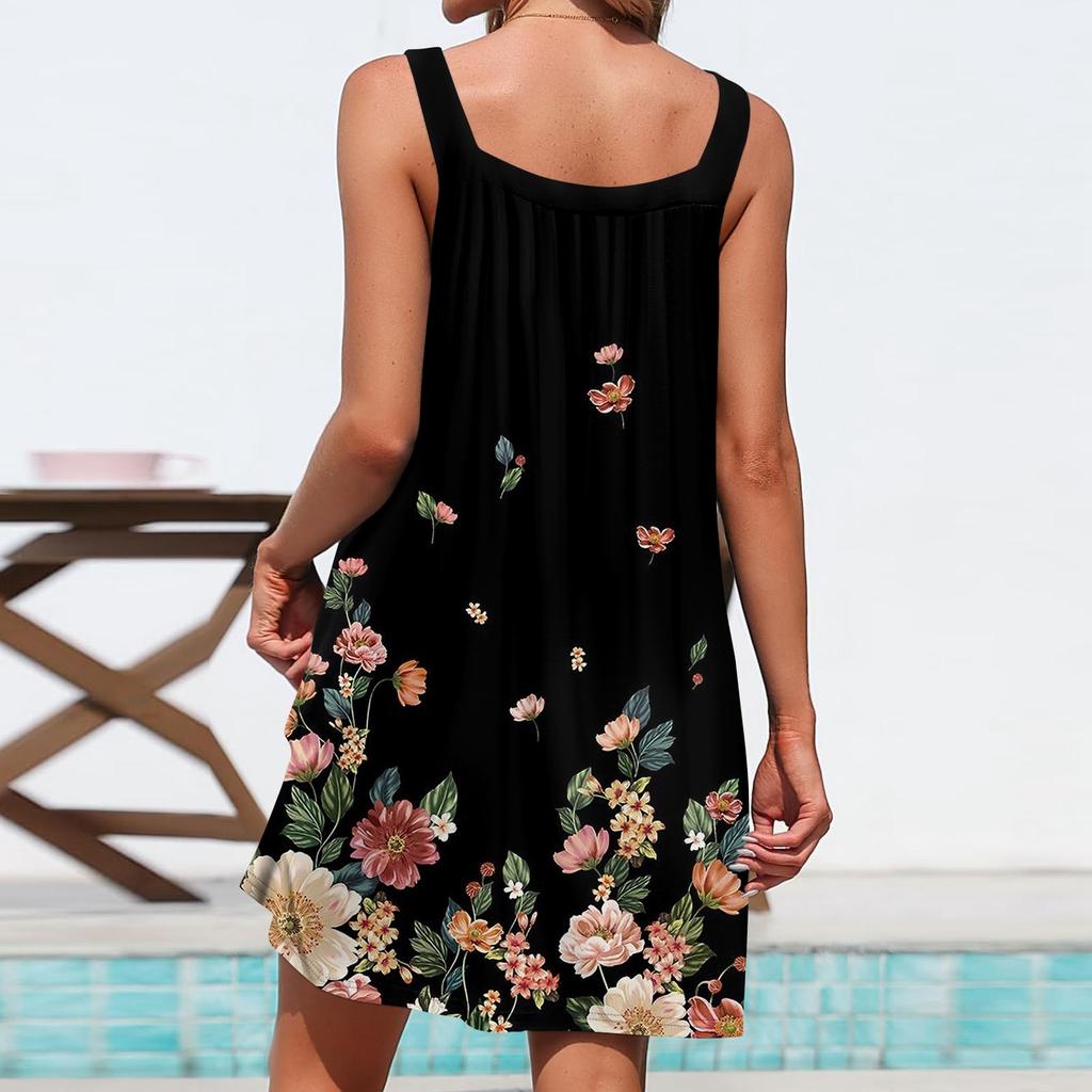 Women's Fashion Casual Printed Beachwear Pockets Sleevesless Casual Summer Beach Dress