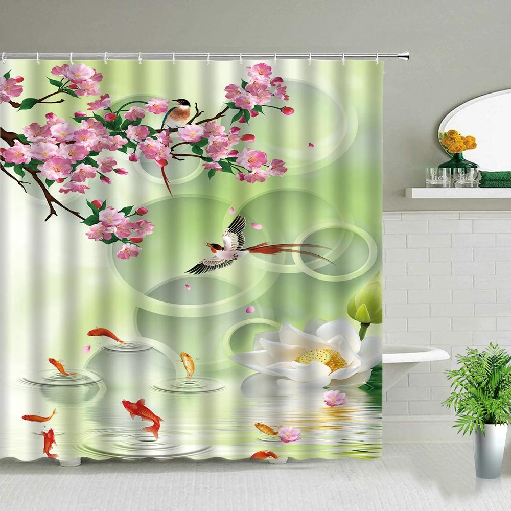 Koi Fish Print Shower Curtain Waves Oil Painting Landscape Bath Screen Waterproof Fabric Background Wall Decor Cloth Curtains