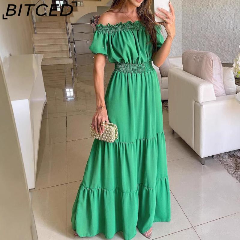 BITCED Long Dress with Open Back and Elastic Waist Popular Bohemian Style with Open Shoulders