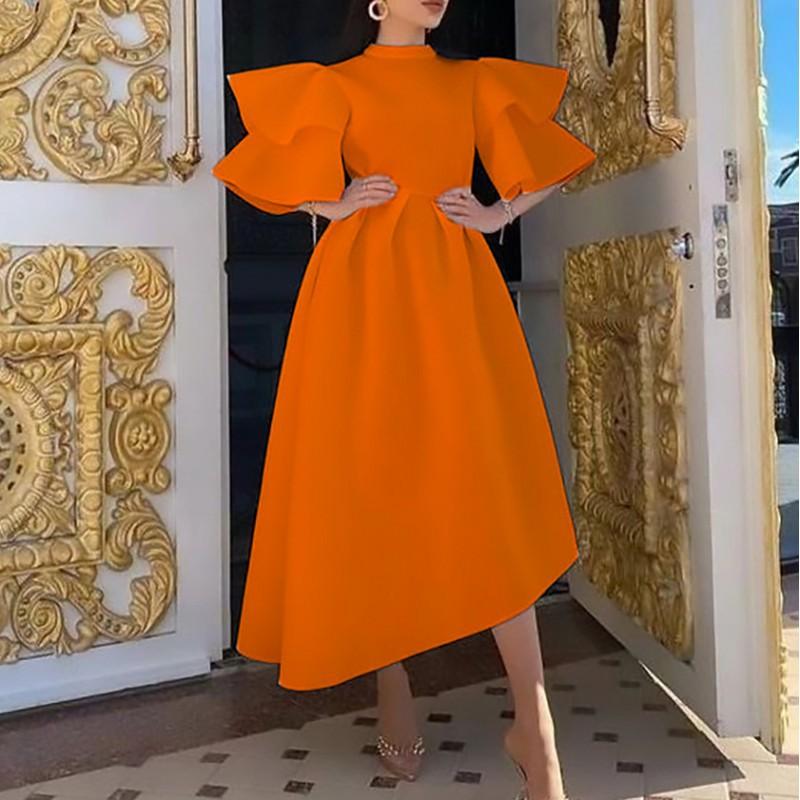 

African Women s Clothing Summer New Style Double-layer Lotus Leaf Sleeves Solid Color Banquet Dress European American L помаранчевий