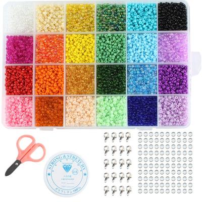 24 Grids 3mm Glass Seed Beads Set with Scissors Lobster Clasp Stretch Thread DIY Handcraft Seed