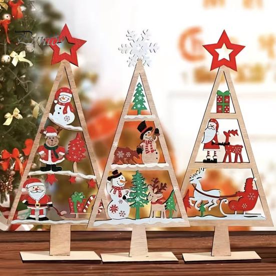 Wooden Christmas Party Decor Tree Tabletop Sign, Rustic Gingerbread Snowman Gnome Desktop Ornament with Star Gift for Family Topper, Vintage